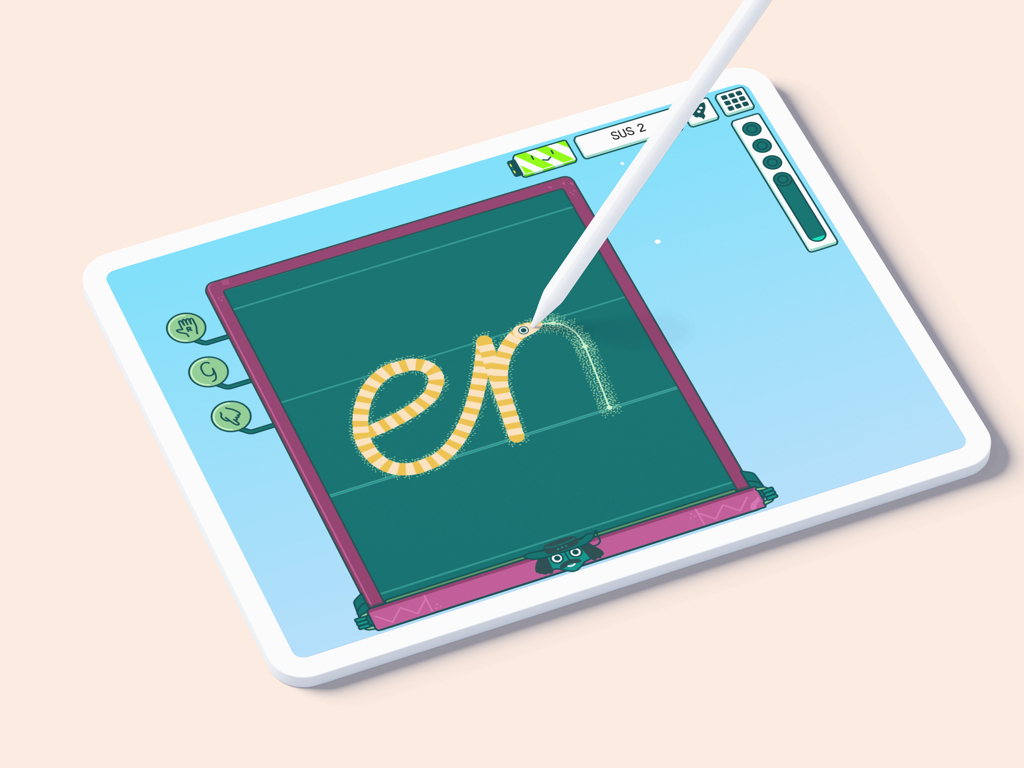 A cursive writing exercise on an iPad using a stylus in the appolino educational app