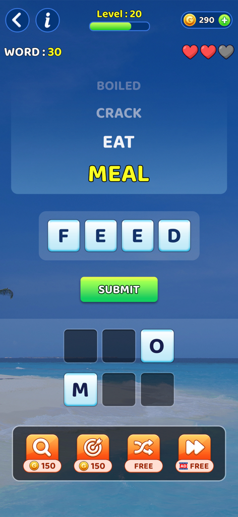 4 Pics 1 Word: Word Guess Game - Gameplay screen of 4 Pics 1 Word showing word guess puzzles and booster buttons on a tropical background