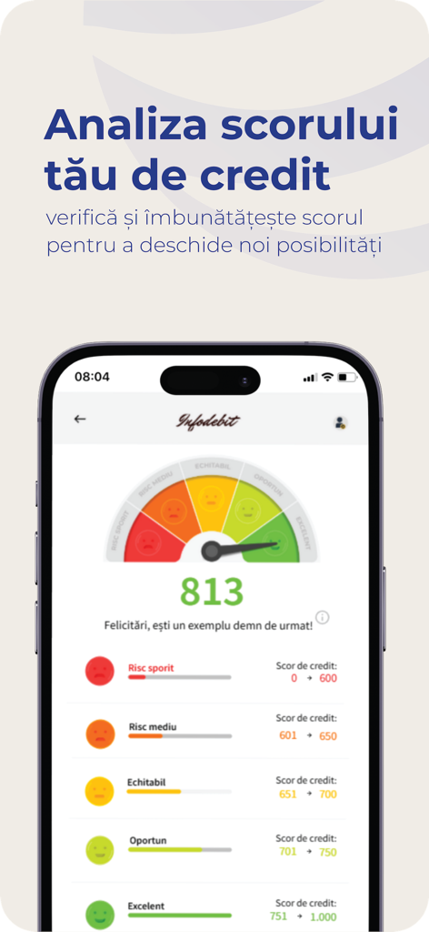 Infodebit - Smartphone screen showing the Infodebit app credit score meter with a value of 813.