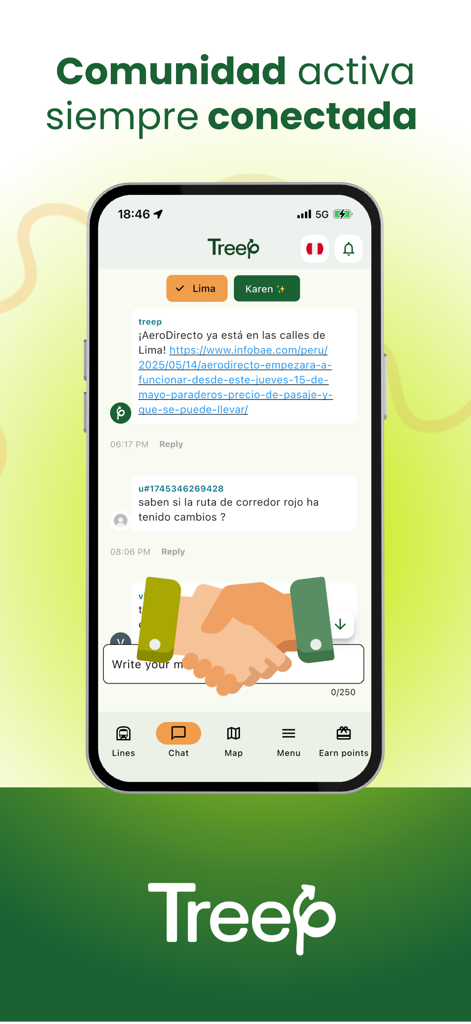 Treep - Treep app community chat screen showing real-time transit updates and user interactions in Lima