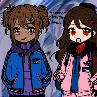 two anime girls wearing streetwear