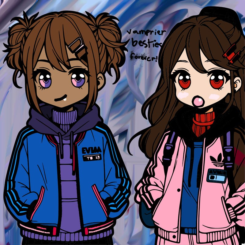 two anime girls wearing streetwear