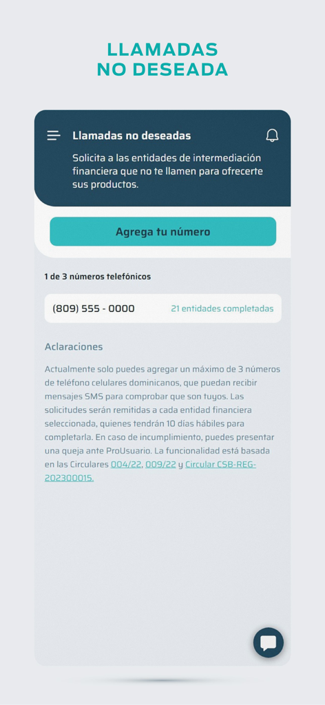 ProUsuario app screen for blocking unwanted telemarketing calls from financial institutions