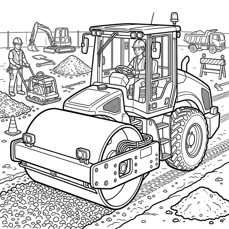 Get ready to bring a busy construction site to life with this detailed coloring page featuring powerful compactors and road rollers. Perfect for aspiring engineers and heavy machinery enthusiasts of all ages.