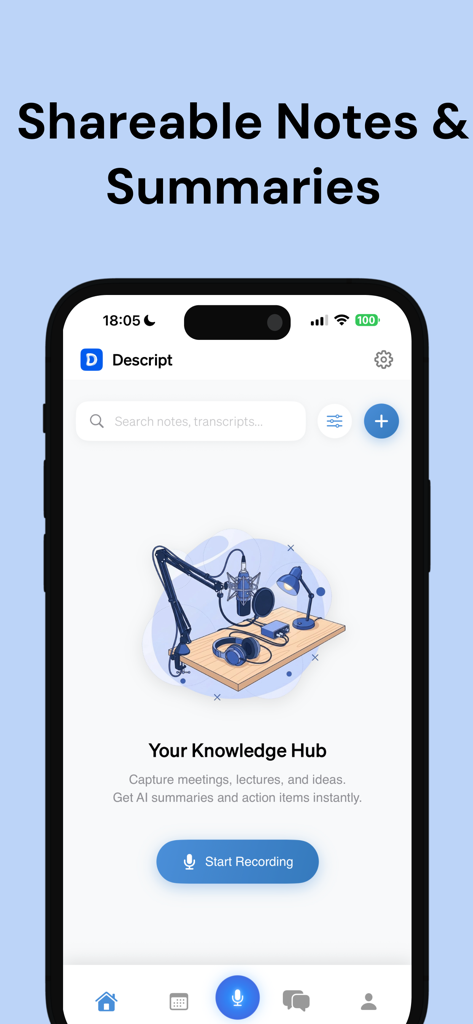 Descript - AI Audio Summaries - Descript-App-Startbildschirm mit dem Wissenszentrum und der Schaltfläche 'Aufnahme starten'