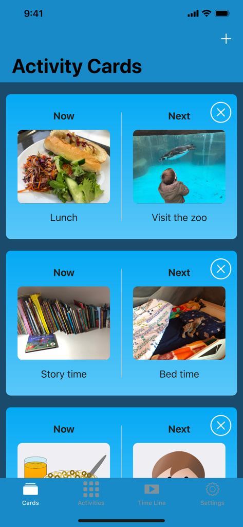 Horario visual de Now and Next que muestra tarjetas de actividad para rutinas diarias y transiciones.