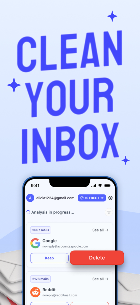Mailory: Email Assistant - Mailory app interface on iPhone showing bulk email deletion by sender to clean inbox