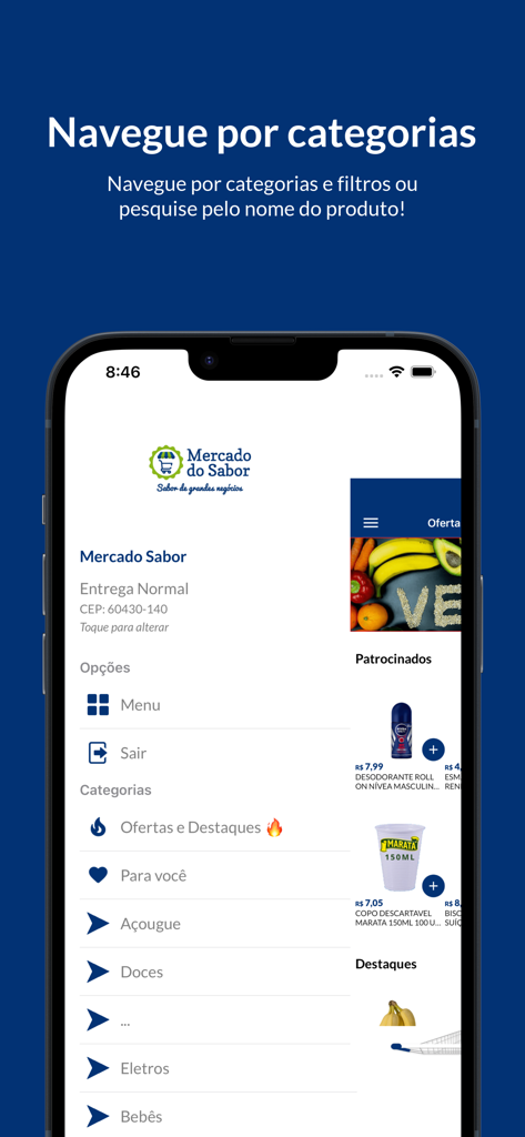 Mercado do Sabor Delivery - Interface of the Mercado do Sabor Delivery app showing product categories in Portuguese
