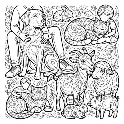 Dive into a world of detailed domestic animal sculptures and heartwarming pet companionship with this unique coloring page. Featuring beloved household and farm animals, it offers a relaxing and intricate coloring experience for all ages.