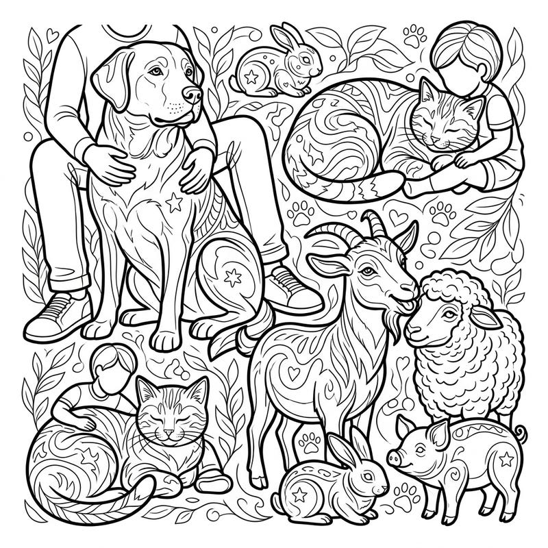 Dive into a world of detailed domestic animal sculptures and heartwarming pet companionship with this unique coloring page. Featuring beloved household and farm animals, it offers a relaxing and intricate coloring experience for all ages.