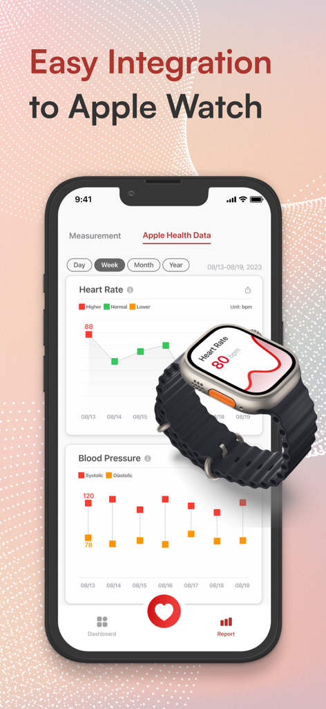 Mobile app dashboard displaying heart rate and blood pressure charts with Apple Watch integration