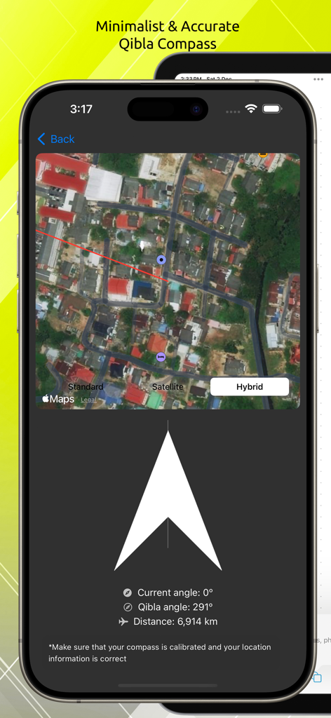 iman: Azan Qibla Quran - Interface of the iman app showing the accurate Qibla compass with satellite map and direction arrow