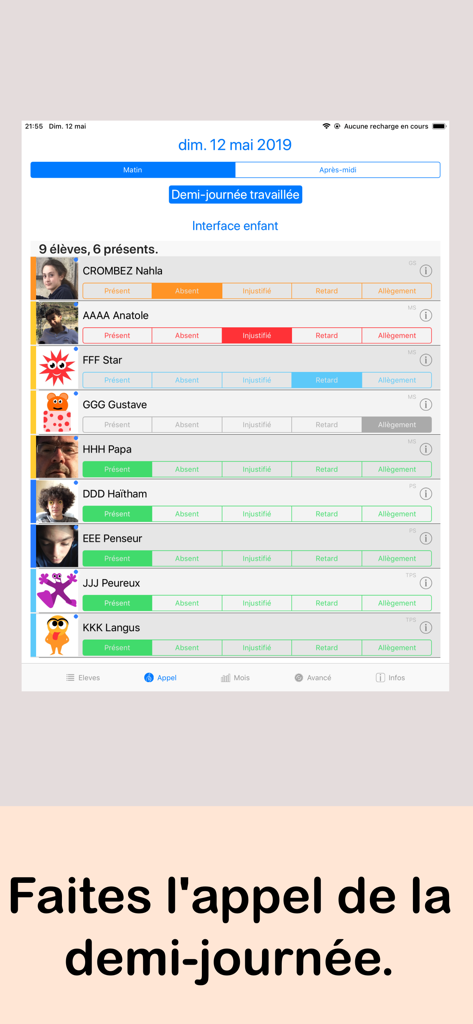 Appel - Interfaz de hoja de asistencia en el aula para maestros que usan la aplicación Appel
