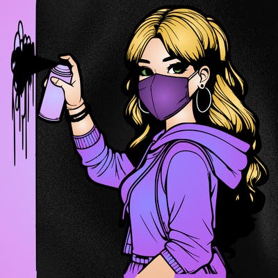 realistic girl with mask spray painting a wall