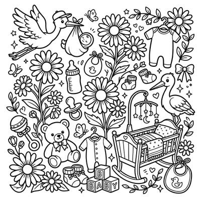 Welcome a new arrival with this delightful baby shower coloring page, adorned with cheerful daisies and classic nursery elements. Perfect for celebrating a new baby, it offers a charming scene of storks, cuddly items, and blooming flowers.