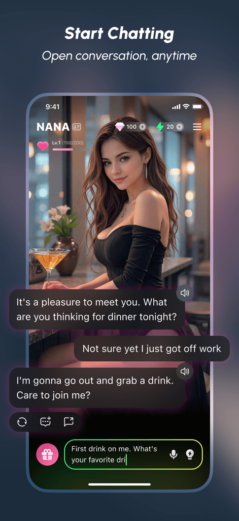 LiveC - Living AI Companion - Captura de tela do aplicativo LiveC mostrando uma interface de chat com um companheiro de IA chamado Nana em um bar.