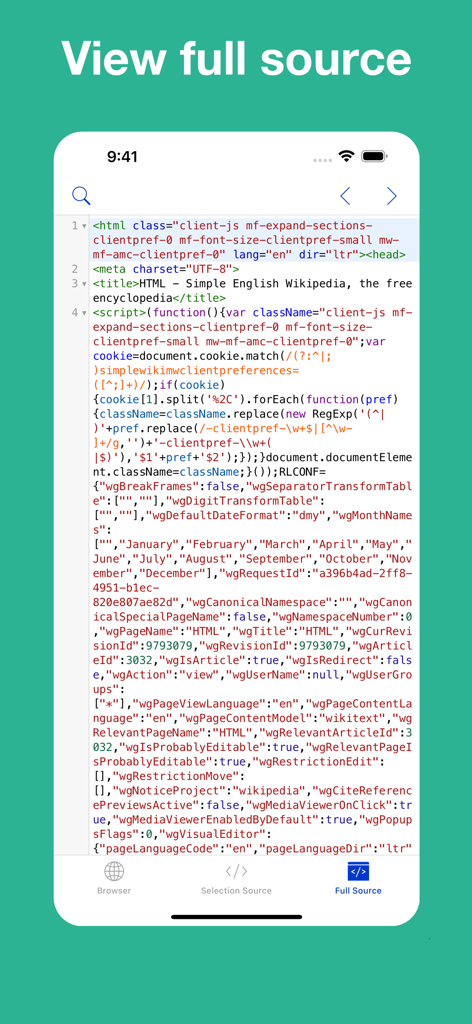 View Selection Source - Captura de pantalla de iPhone mostrando el código fuente HTML completo de un sitio web con resaltado de sintaxis en la aplicación Ver Código Fuente Seleccionado
