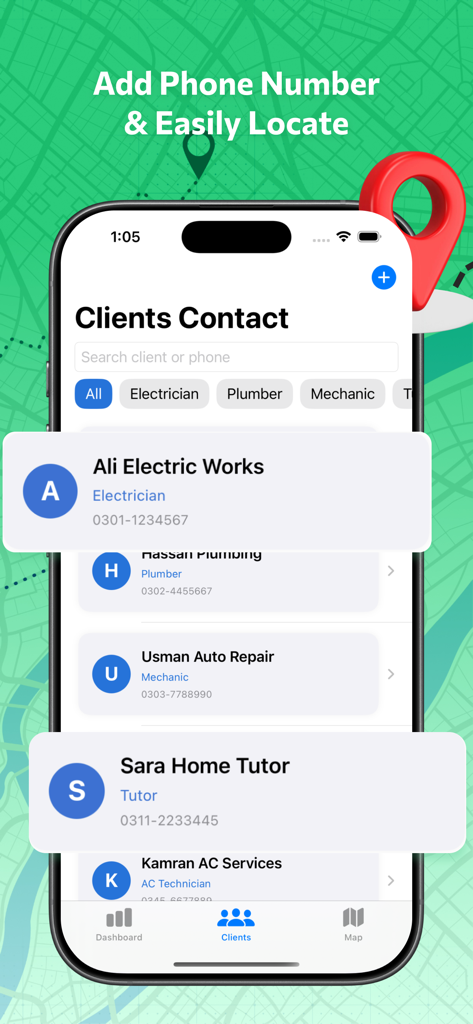 Caller Location Client app showing a categorized list of professional client contacts