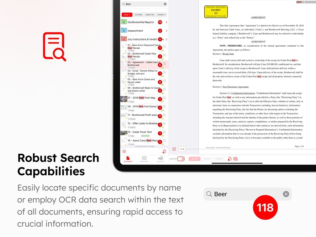 Interfaz que muestra las robustas capacidades de búsqueda y OCR de TrialPad para encontrar términos específicos en documentos legales y carpetas de casos.