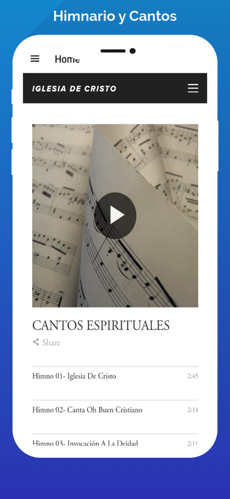 Captura de pantalla de la aplicación Himnario Cantos Espirituales que muestra una lista de himnos para la Iglesia de Cristo