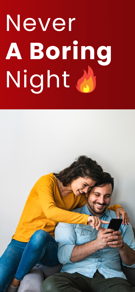 Couple Games Questions - LuvQ - Una pareja feliz mirando un smartphone juntos con el texto Nunca una Noche Aburrida