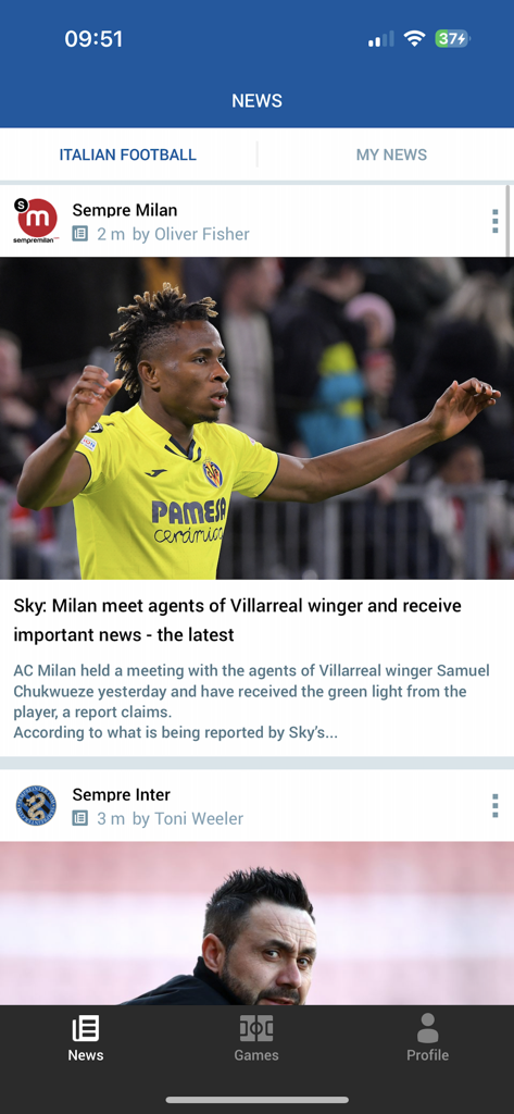Football Italia - Football Italia app news feed showing Italian soccer transfer updates