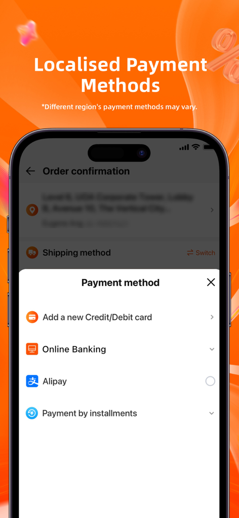 Taobao app checkout screen showing localized payment options including credit cards and Alipay