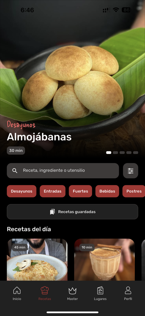 Tulio - Recipes screen of the Tulio app featuring a breakfast recipe for almojabanas and food categories