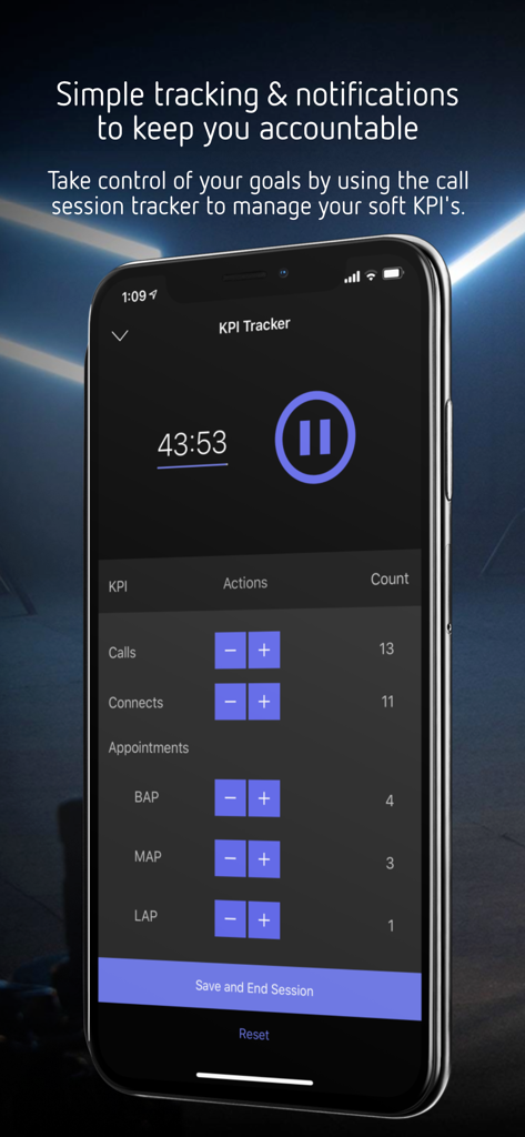 Mobile interface of the Josh Phegan Digital app showing a KPI tracker with a timer and counters for real estate calls, connects, and appointments.