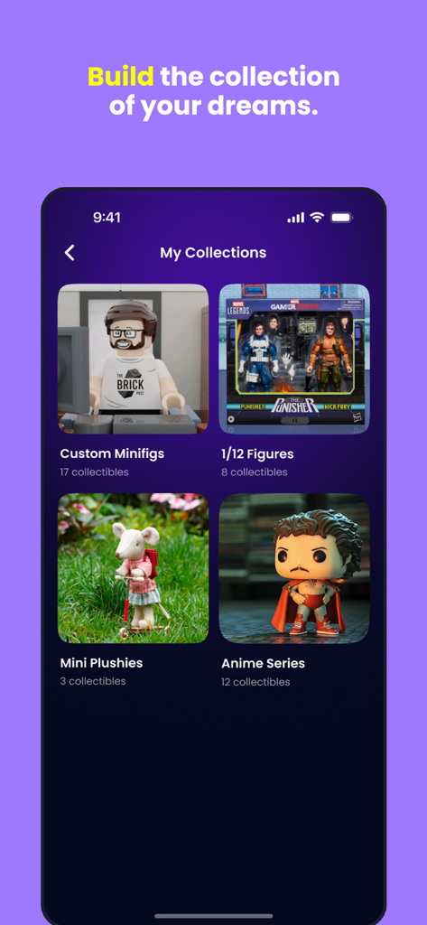 NaukNauk - NaukNauk app interface showing organized digital collections for action figures, minifigs, and plushies