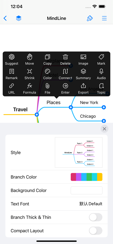 MindLine app interface showing travel planning mind map with editing tools and style customization settings