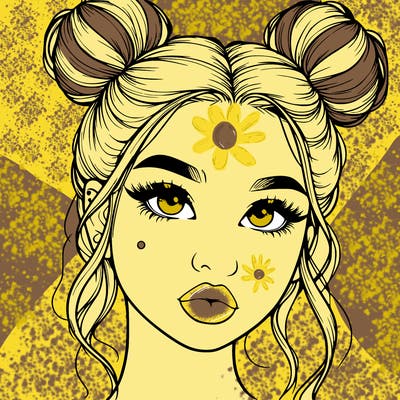 realistic girl with two buns on her hair and lips