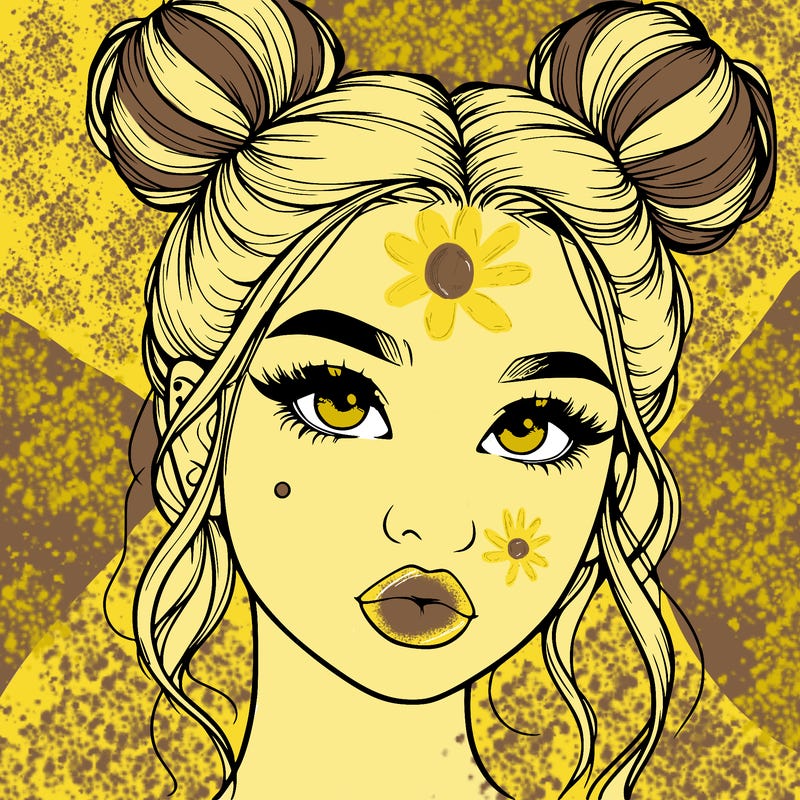 realistic girl with two buns on her hair and lips