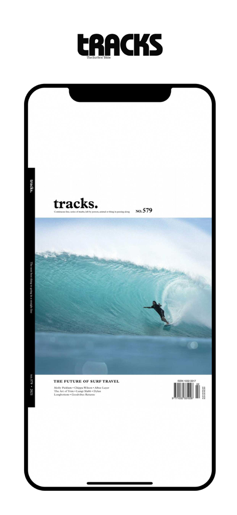 Tracks Magazine - Smartphone screen displaying a digital cover of Tracks Magazine featuring a surfer riding a large blue wave.