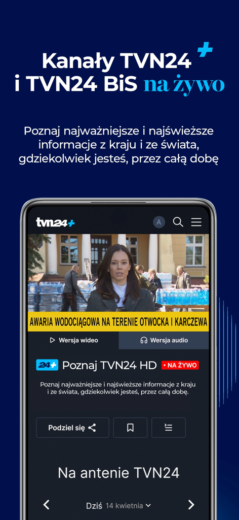 Interfaz de la aplicación de noticias TVN24 mostrando transmisión de televisión en directo y noticias de última hora en polaco