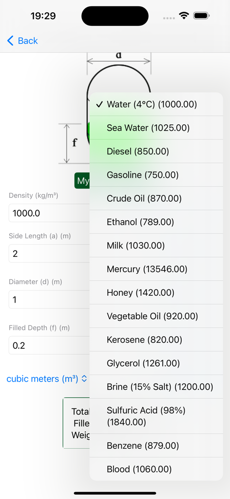 Tank Measure: Volume Calc - Density selection menu for different liquids in the Tank Measure app used for weight and volume calculations