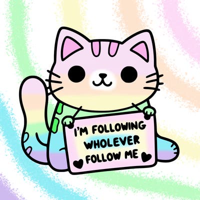 cat with a sign that says i’m following whoever follows me