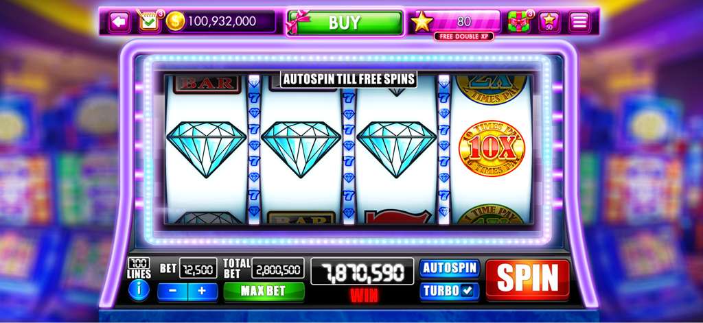 Slots Crazeのクラシックなダイヤモンド・スロット・マシンのゲームプレイ。ビッグウィンが表示されています。