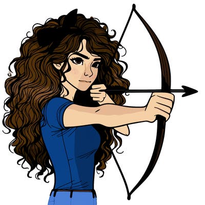 a woman with curly and messy hair using a bow to shoot arrow realistic