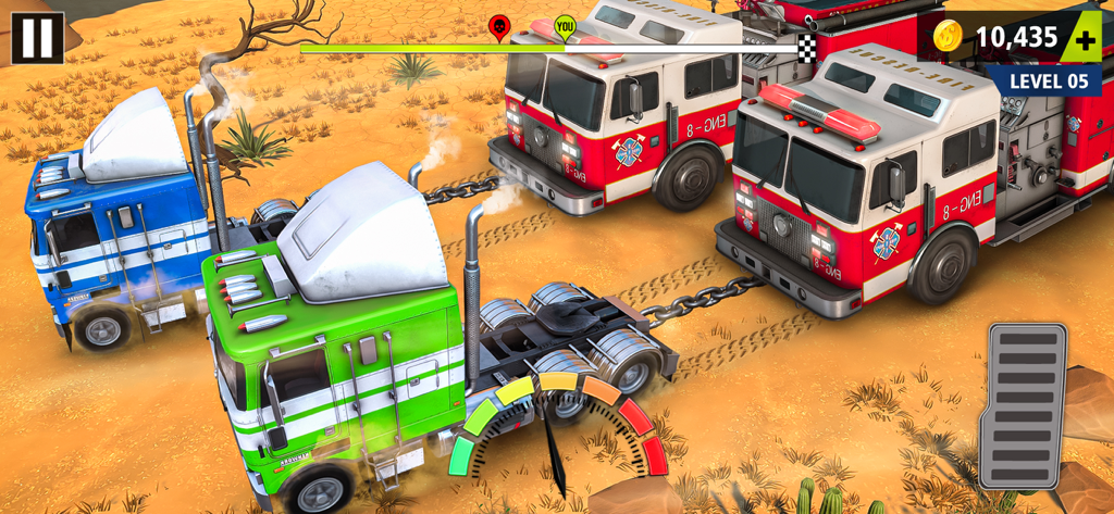Drag Racing - Tow Truck Games - A green semi-truck towing fire trucks in a desert truck pulling competition game.