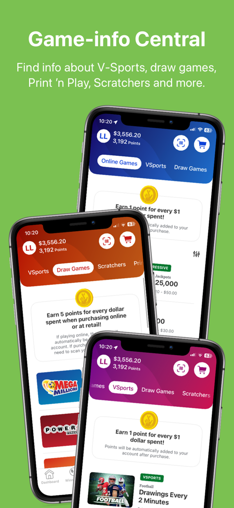 Virginia Lottery Official App - Three smartphone screens displaying the Virginia Lottery app with different game categories like Draw Games and VSports