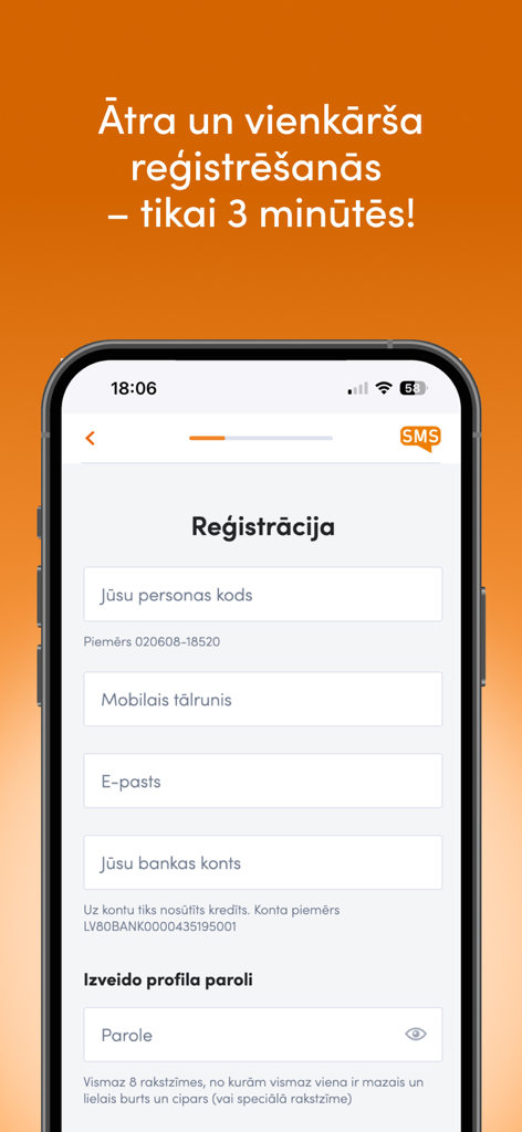 SMScredit.lv - SMScredit.lv mobile app registration screen showing a quick three-minute sign up form for financial services.