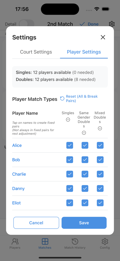 MatchMaker Badminton&Tennis - Player match settings for singles and doubles in the MatchMaker app
