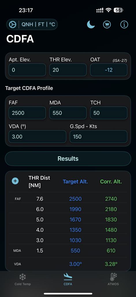 ColdTempCorr - Interface of the ColdTempCorr app showing the CDFA module with flight approach altitude correction results