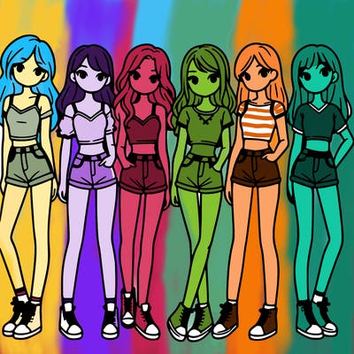 a group of girls wearing crop tops and shorts