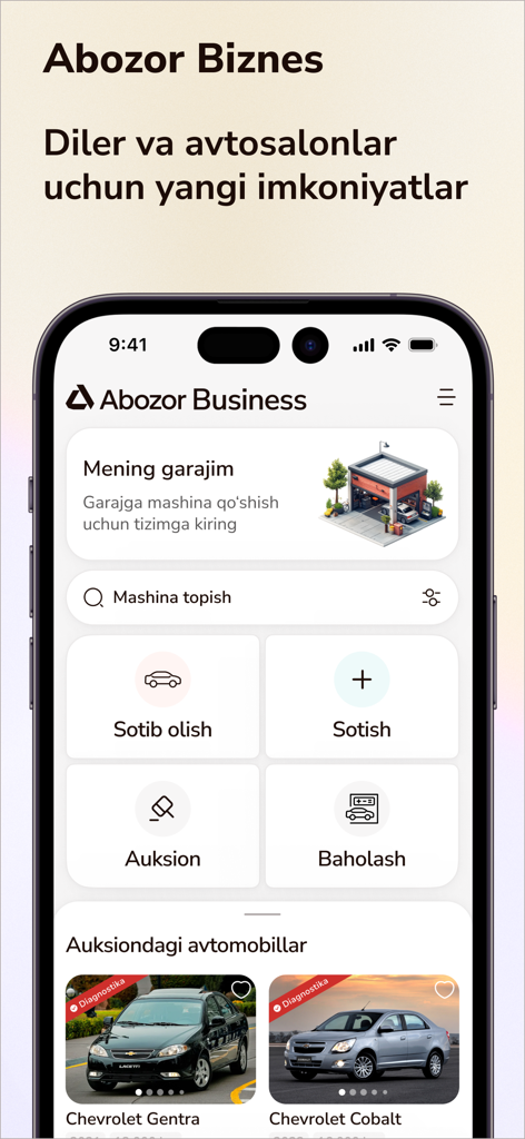 Abozor - Abozor Businessモバイルアプリのインターフェース。ウズベキスタンの市場向けに、車の売買およびオークション管理ツールを表示しています。