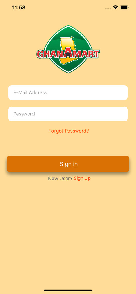 GhanaMart - GhanaMart mobile app login screen with sign in fields and brand logo