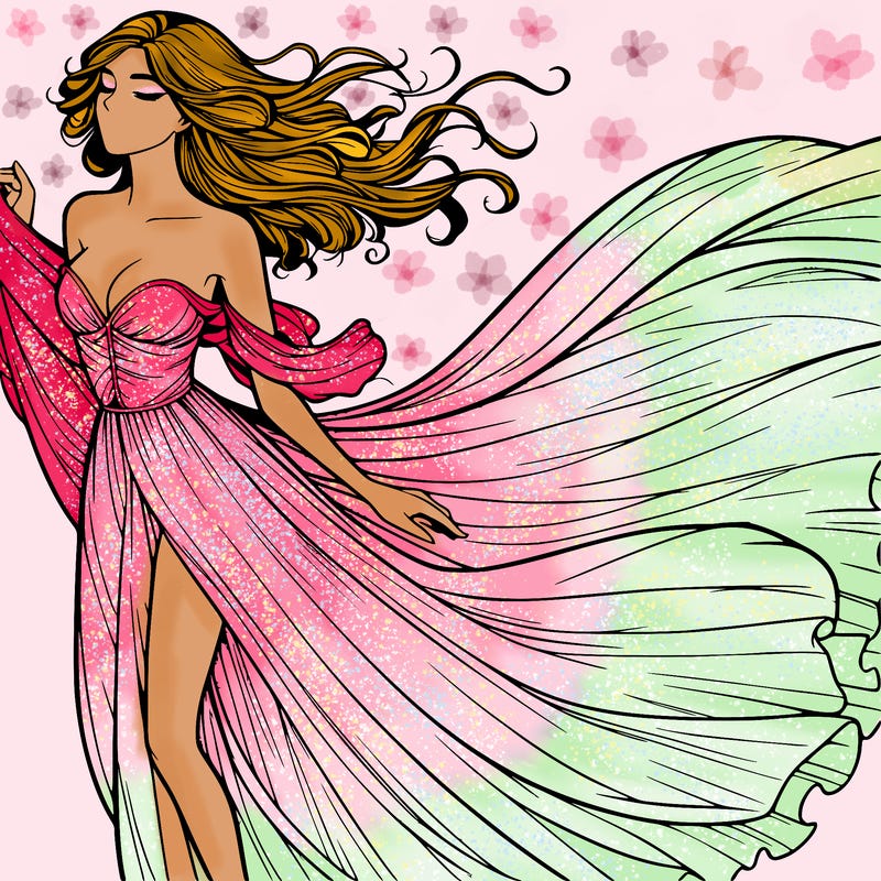 realistic woman in dress flowing the the wind