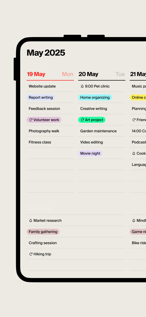 Tweek: Minimal To Do List - Minimalist weekly planner interface with aesthetic color-coded tasks and a paper-like design.