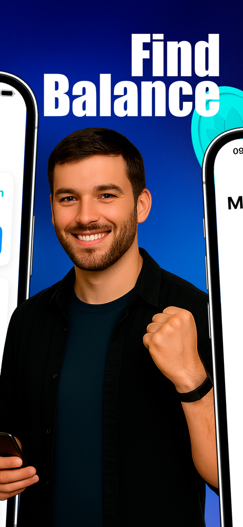 A smiling man celebrating his personal growth with the MindSync app and the slogan Find Balance